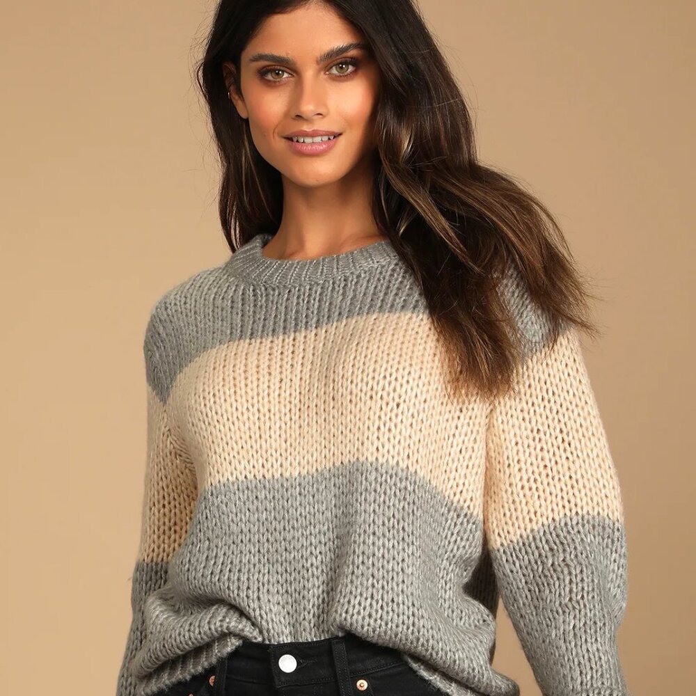 Mellow Thoughts Grey Color Block Knit Sweater